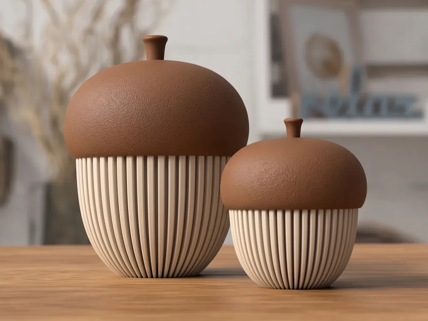 Zwei dekorative 3D-gedruckte Eicheln, großes und kleines Modell, glatte braune Kappe und gerippelte cremefarbene Cupula auf einem Holztisch