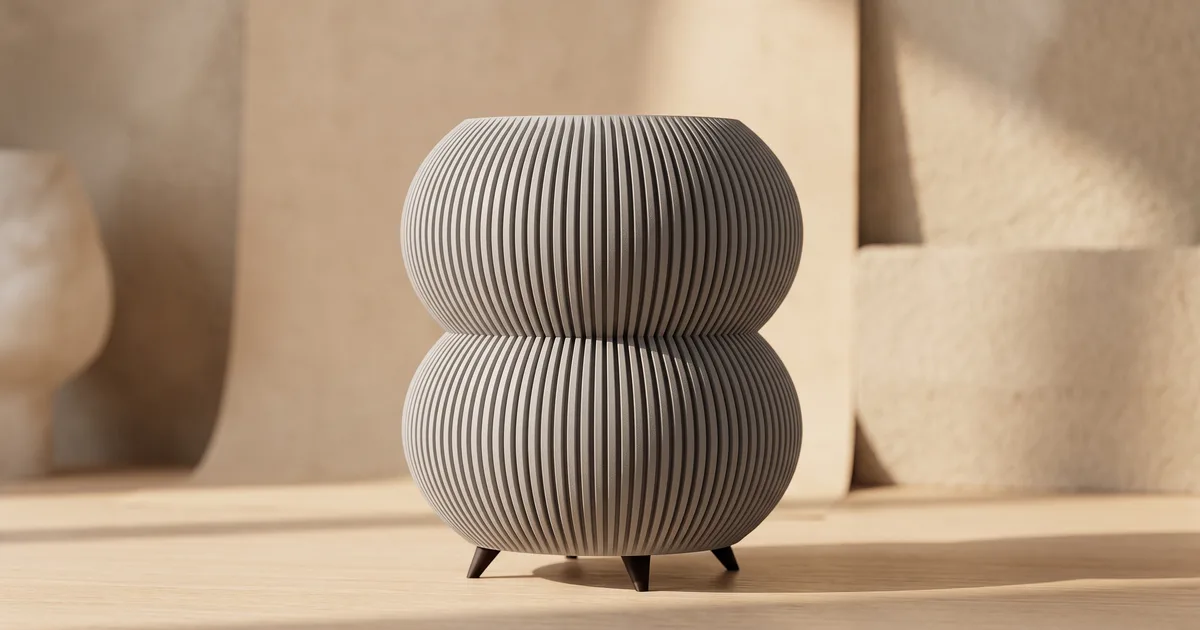 3D-gedruckter Topf Kaito, doppelte gerippte Wölbung grau auf drei schwarzen Füßen, in hellem Interieur mit Sandtönen