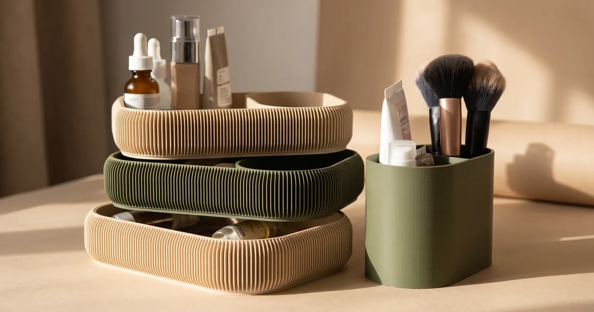 Organiseur de maquillage imprimé en 3D à trois plateaux nervurés superposés et pivotants, beige, vert sauge et beige, garnis de flacons de sérum et de fond de teint, avec un pot cylindrique vert contenant des pinceaux