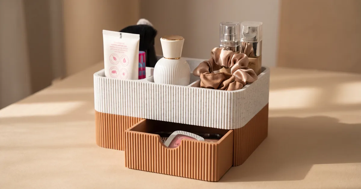 Organiseur de maquillage imprimé en 3D, plateau supérieur blanc à quatre compartiments garni de flacons et d'un chouchou, posé sur un socle terracotta nervuré doté d'un tiroir ouvert contenant des palettes