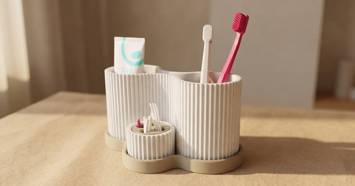 Organiseur de salle de bain imprimé en 3D, deux compartiments verticaux nervurés blancs contenant un tube de dentifrice et deux brosses à dents, et une petite coupelle ronde, posés sur un socle beige en forme de nuage