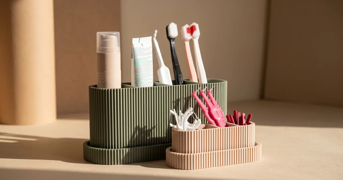 Lot de deux organiseurs de salle de bain imprimés en 3D, un grand porte-brosses vert sauge à trois compartiments sur socle ovale et un petit plateau terracotta à compartiments bas contenant des cotons-tiges et des rasoirs