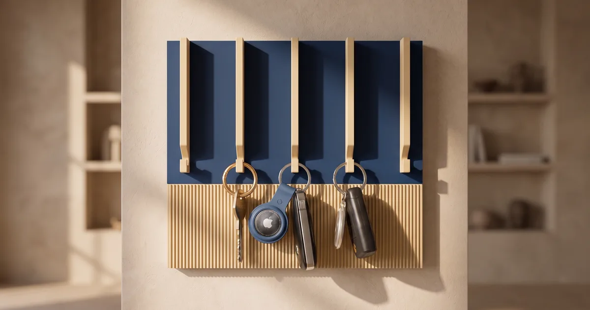 Porte-clés mural Pianis imprimé en 3D, panneau bleu foncé à cinq patères et bandeau inférieur nervuré beige, avec trois trousseaux de clés accrochés
