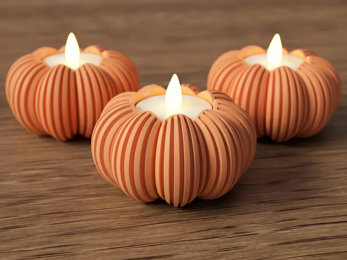 Three pumpkin-shaped 3D printed candleholders in matte orange, ribbed, each filled with a lit LED candle, on a wooden table