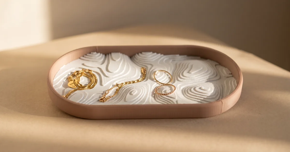 Présentoir à bijoux imprimé en 3D, plateau oblong à rebord rosé et fond blanc à relief ondulé, portant des bagues, un bracelet et une chaîne dorés