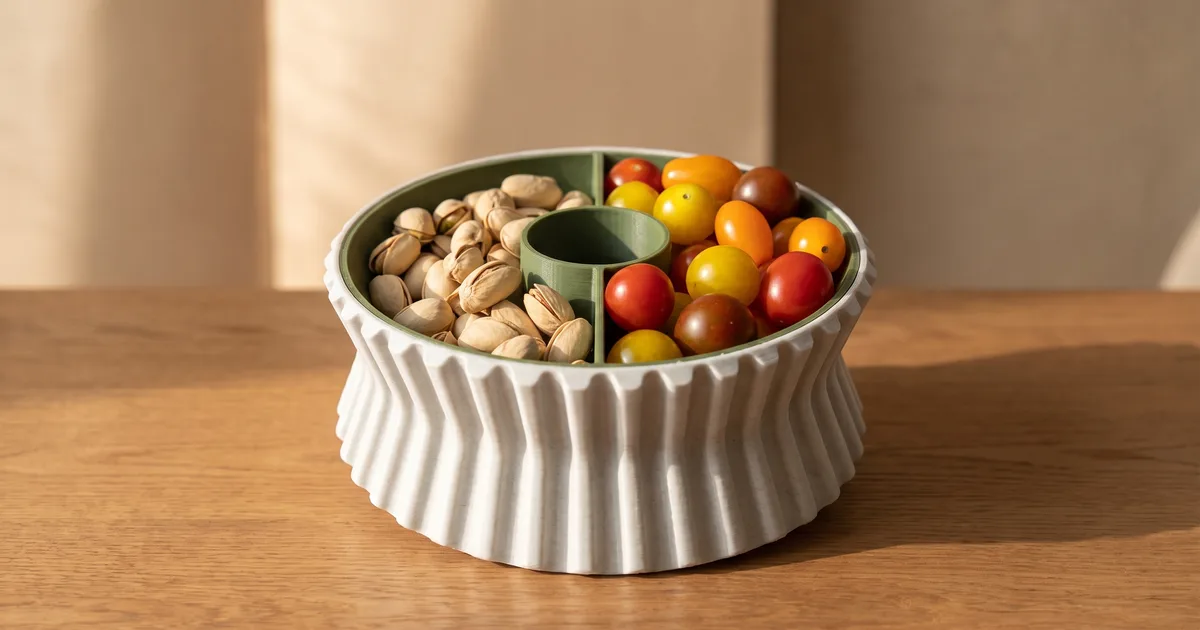 Bol Snacco imprimé en 3D, coupe ronde nervurée blanche à deux compartiments remplis de pistaches et de tomates cerises, avec un puits central, sur une table en bois