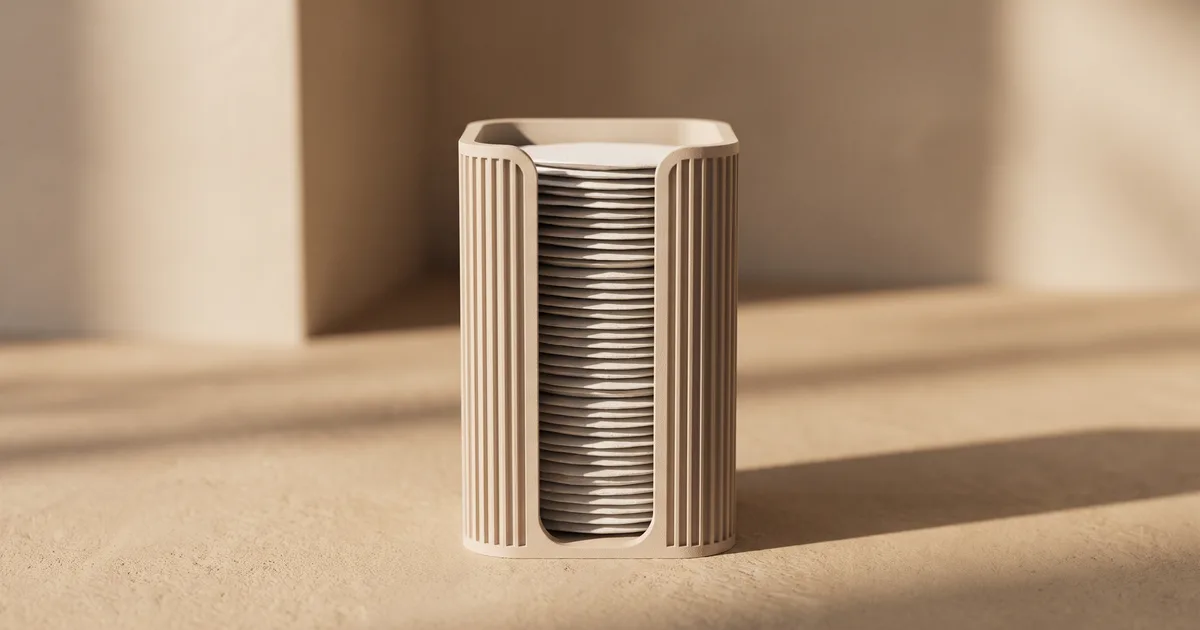 Support à disques de coton imprimé en 3D, colonne nervurée beige à ouverture frontale contenant une pile de disques démaquillants ronds