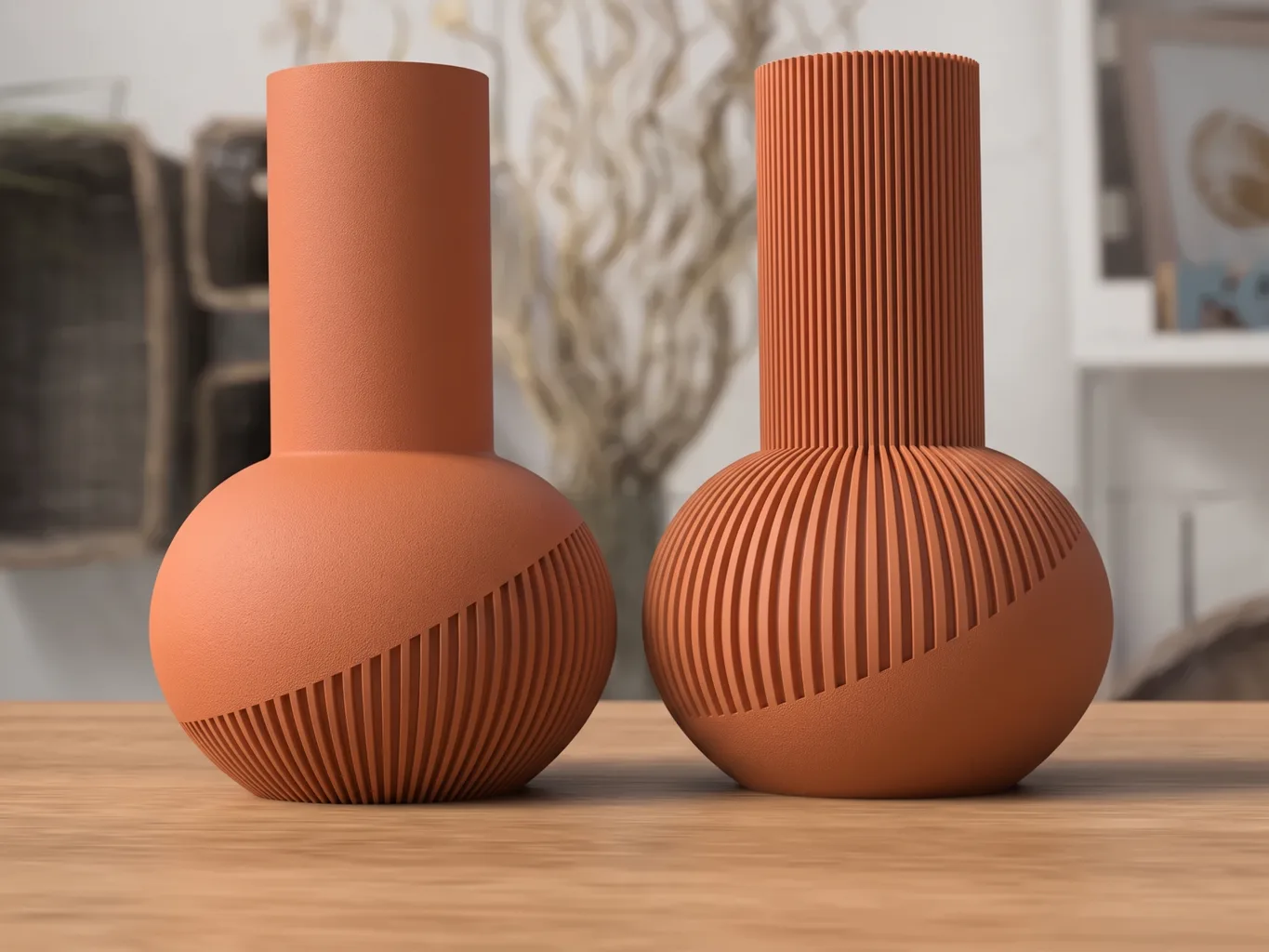 Zwei 3D-gedruckte Tama-Vasen in marmoriertem Terrakotta, kugelförmiger Körper und zylindrische Öffnung, eine oben gerillt und unten glatt, die andere umgekehrt