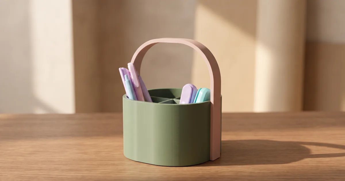 Pot à crayons Tandis imprimé en 3D, corps vert kaki à compartiments et anse beige, contenant des stylos, posé sur un bureau en bois