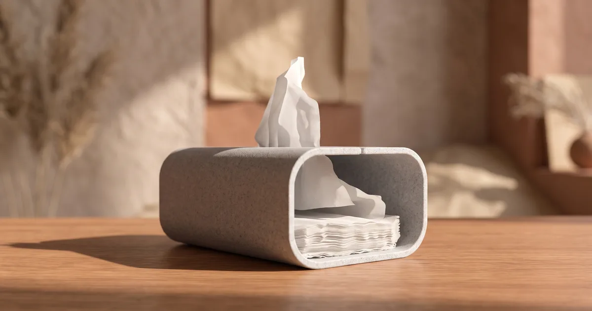 Distributeur de mouchoirs Tissair imprimé en 3D, boîtier horizontal aux courbes arrondies et finition marbrée grise, un mouchoir blanc dépassant de la fente supérieure, sur une table en bois